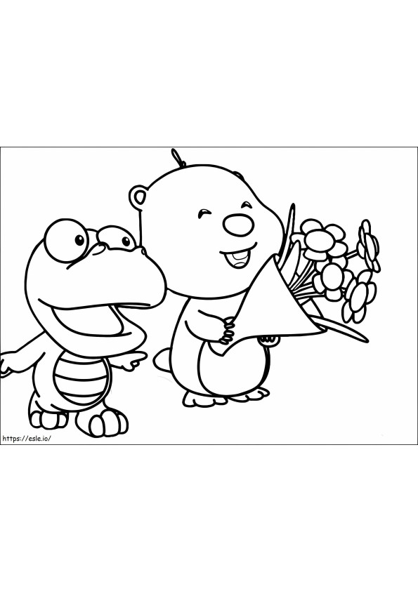 Crong ja Loopy pitelee Kukkakimppua värityskuva