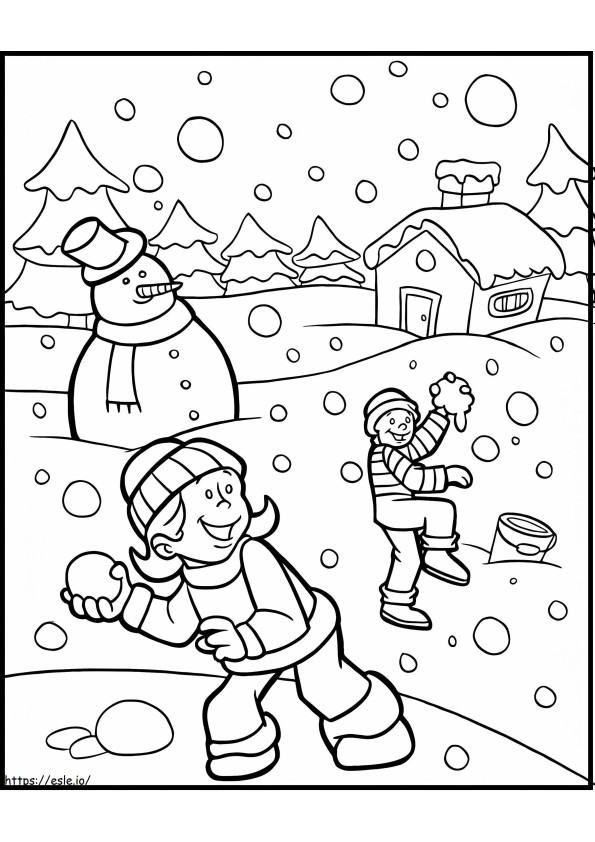 Coloriage Joyeux combat de boules de neige à imprimer dessin