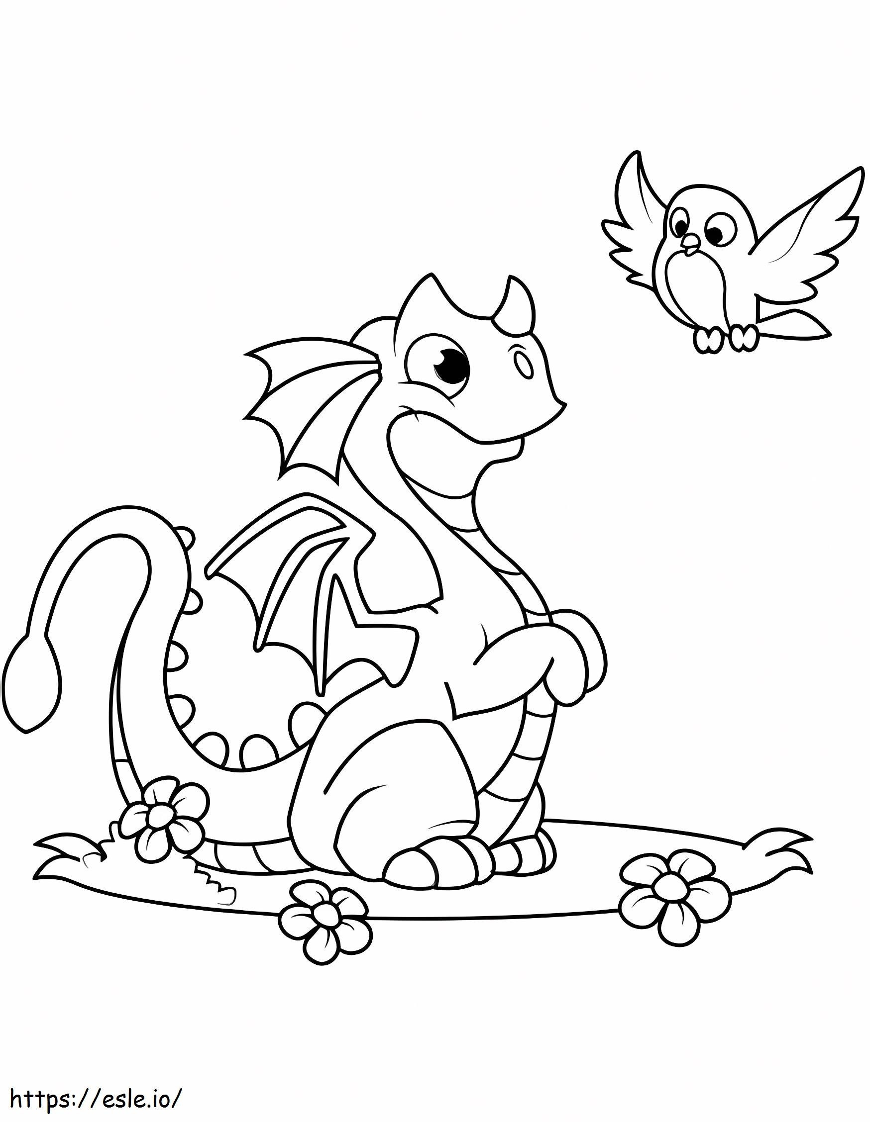 Coloriage Dragon assis et oiseau à imprimer dessin