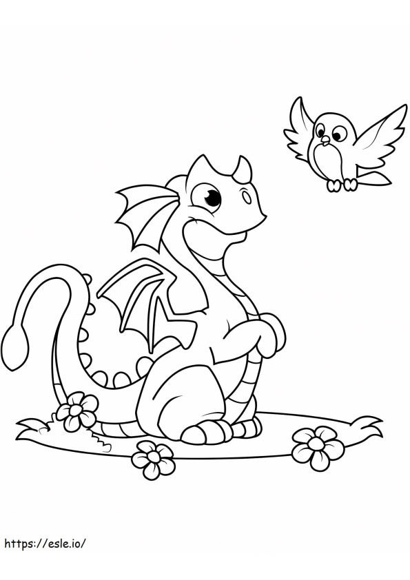 Coloriage Dragon assis et oiseau à imprimer dessin