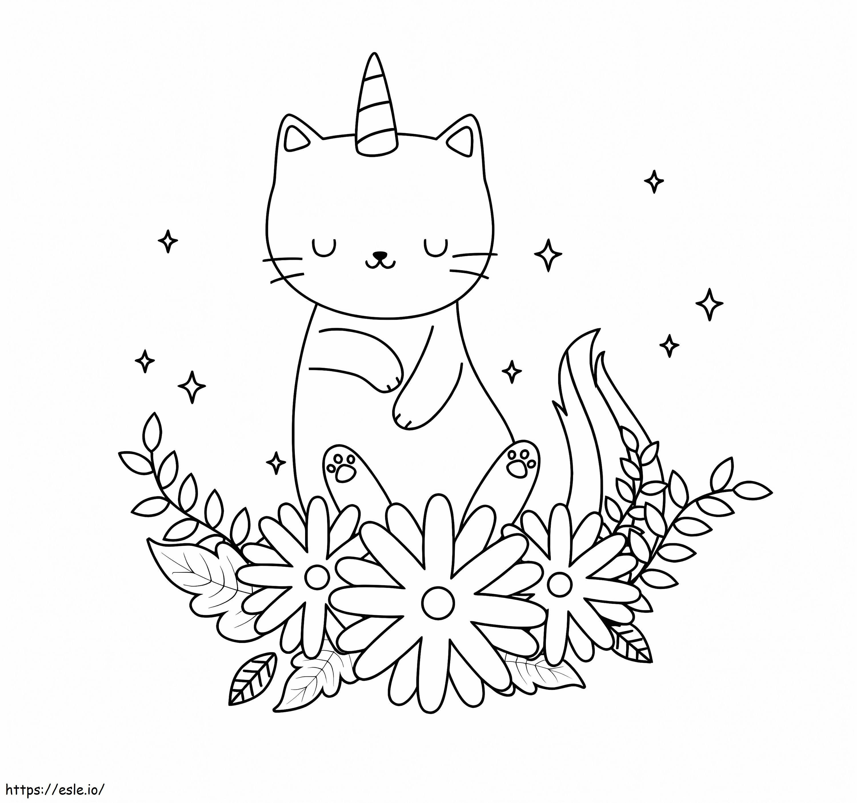 Pisica Unicorn Și Flori de colorat