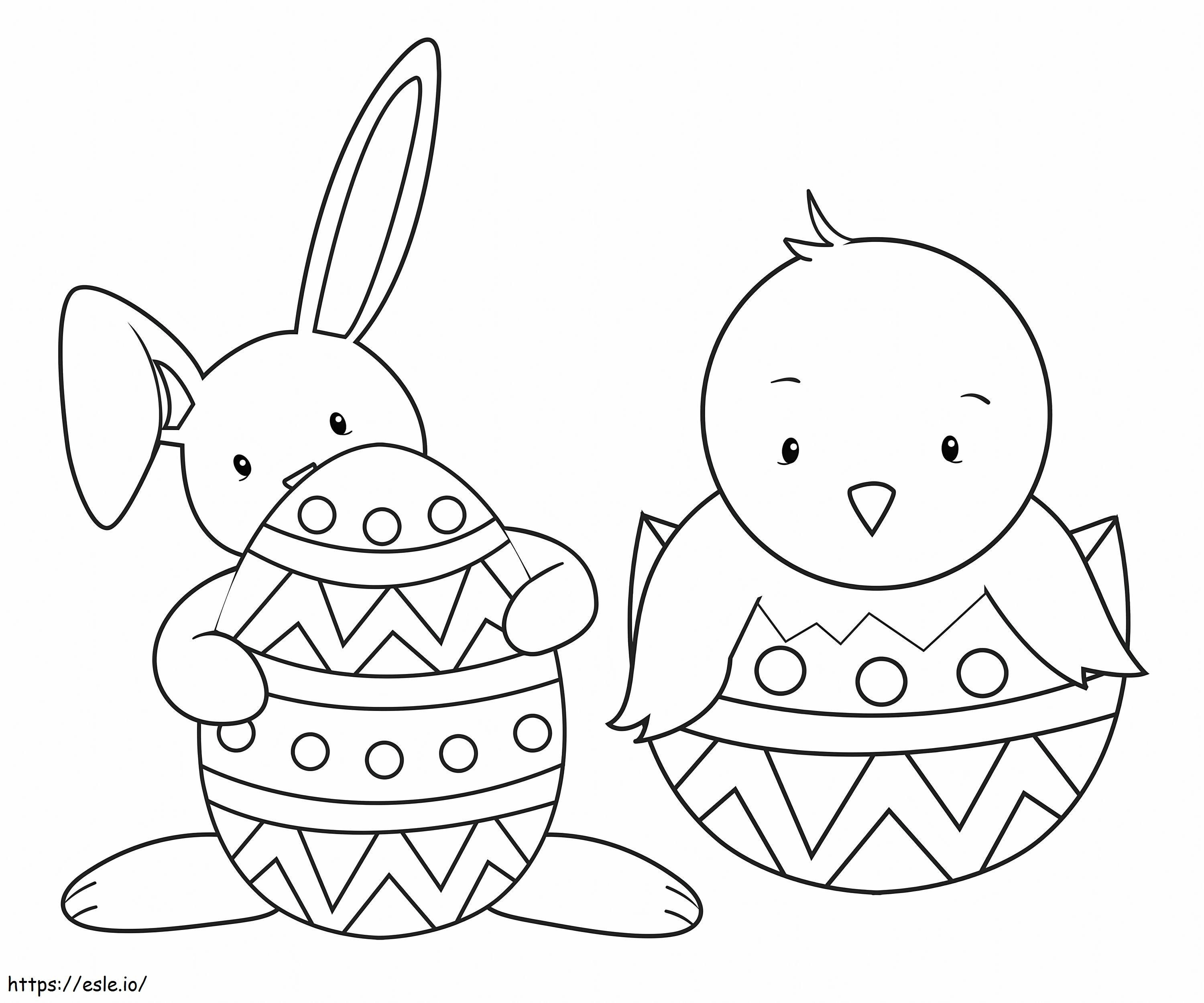 Iepuraș și pui cu ou de Paște de colorat