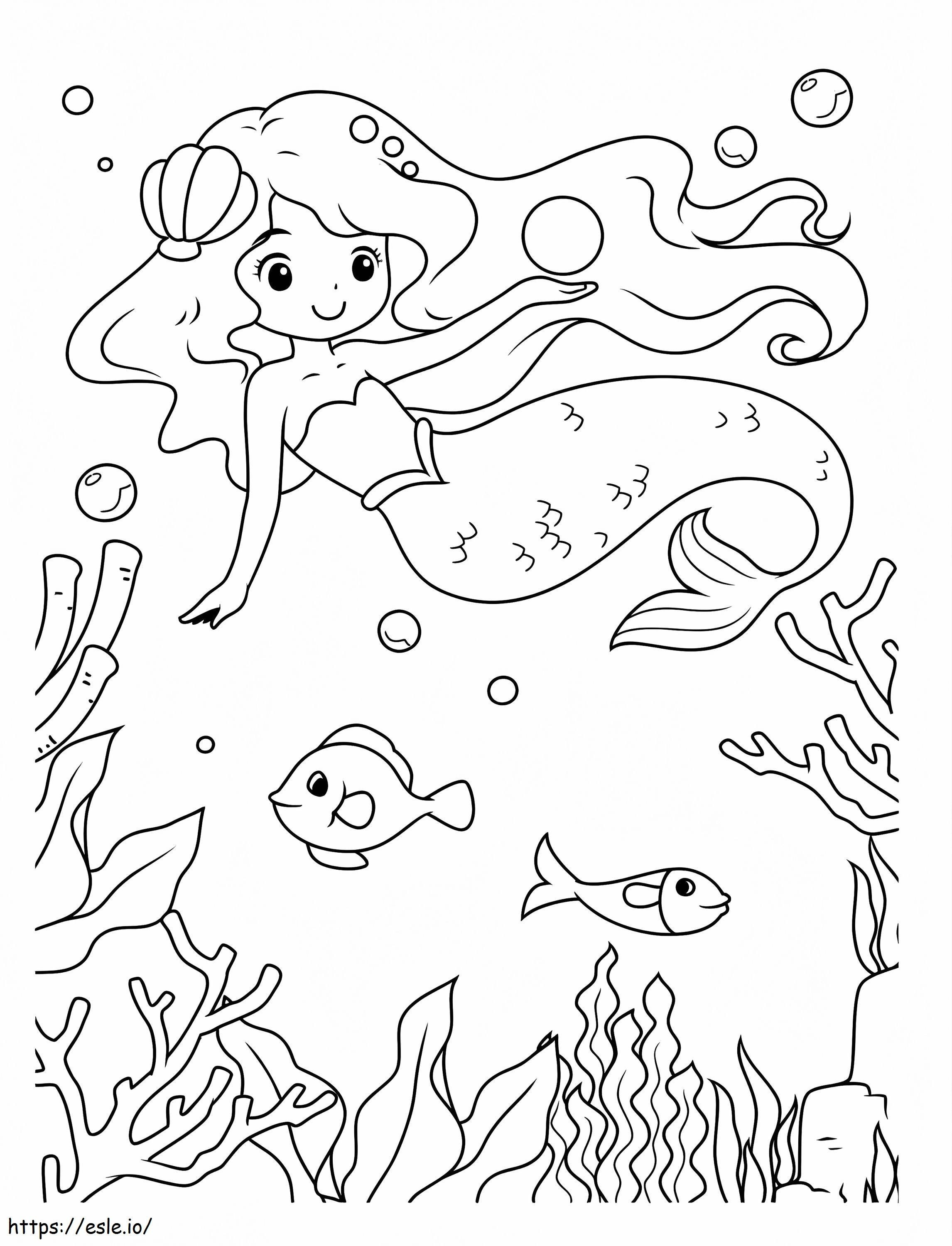 Mermaid And Fishes coloring page