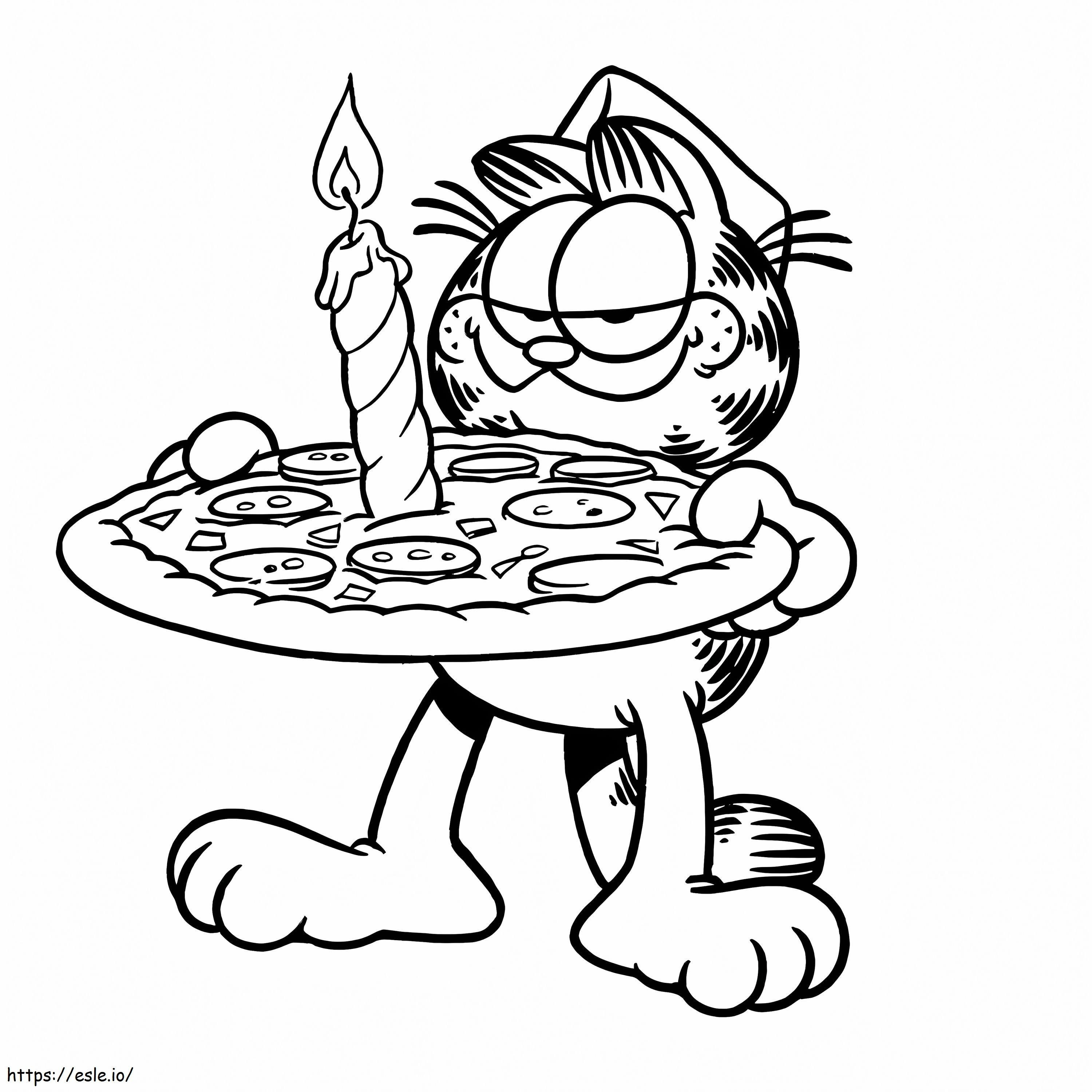 Gato de dibujos animados comiendo pizza para colorear