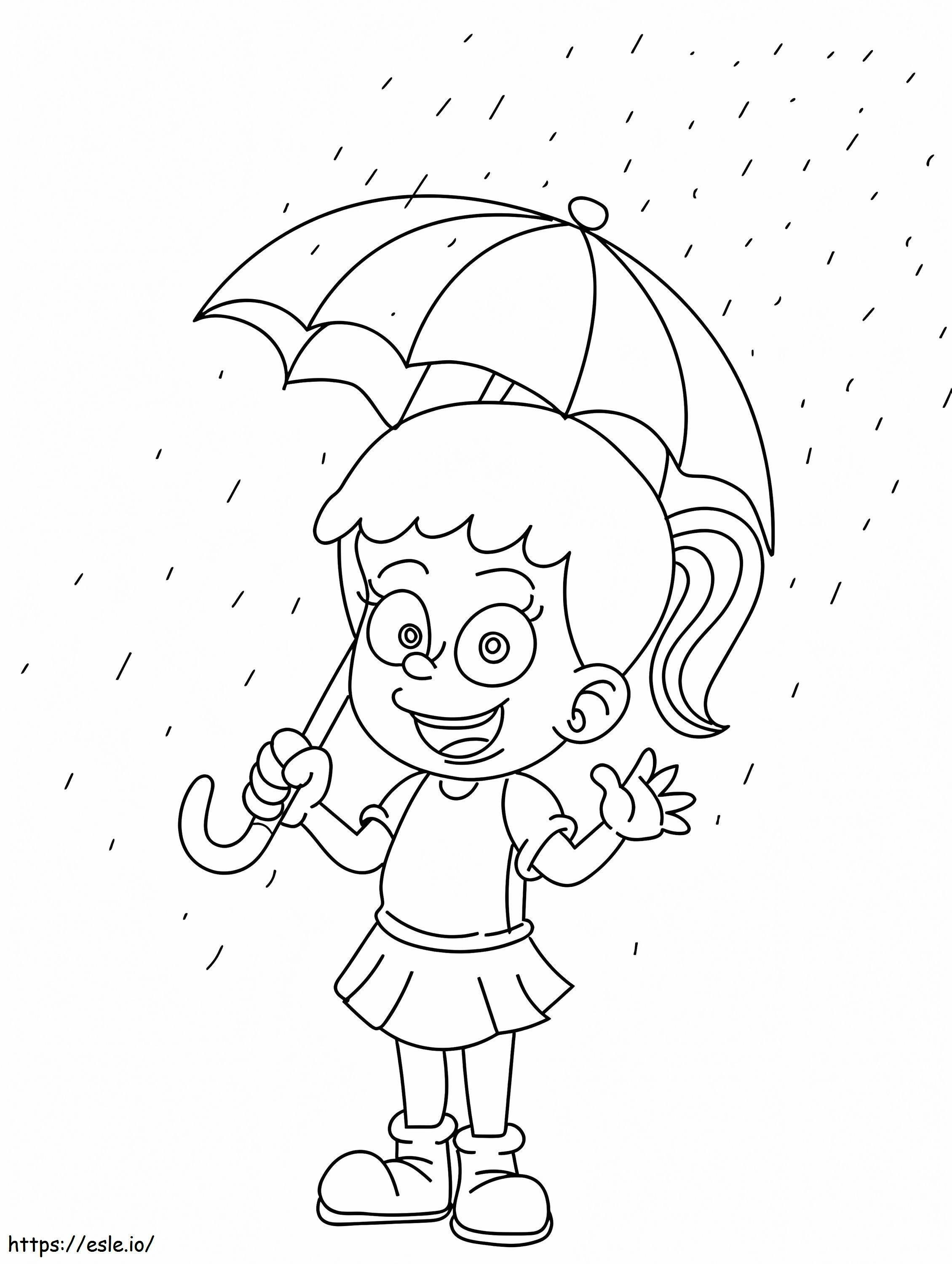 niña bajo la lluvia para colorear