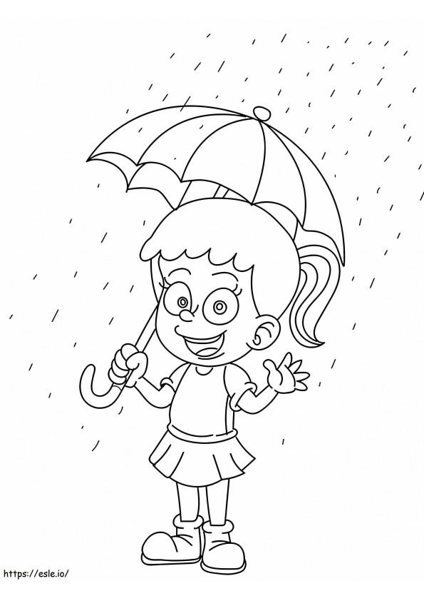 Pikkutyttö sateen alla värityskuva