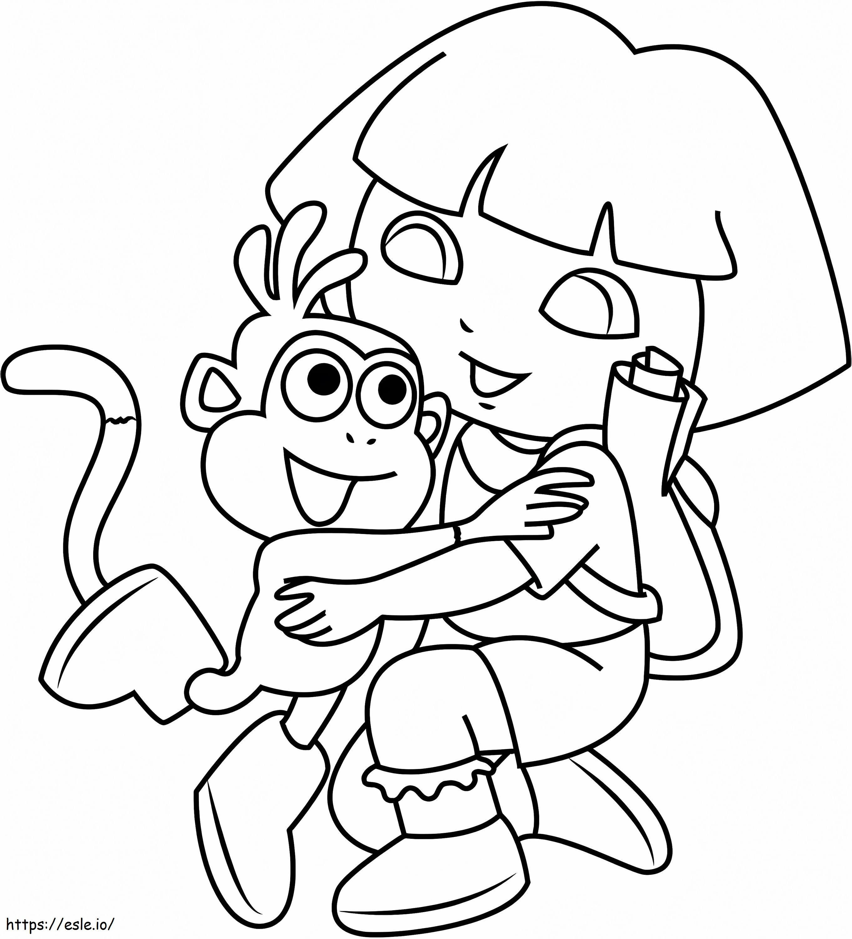 Dora abraçando o macaco para colorir