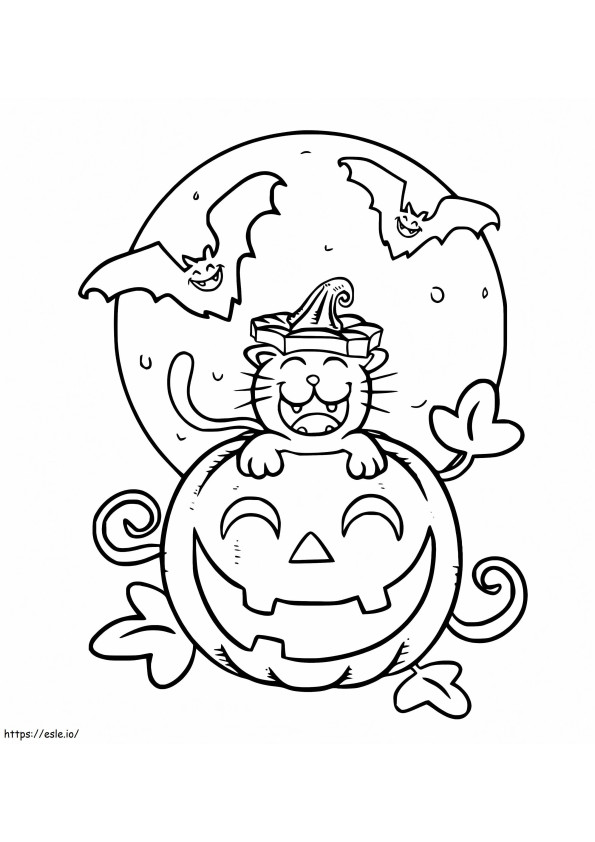 Halloween-Katze mit Mond und Fledermaus ausmalbilder