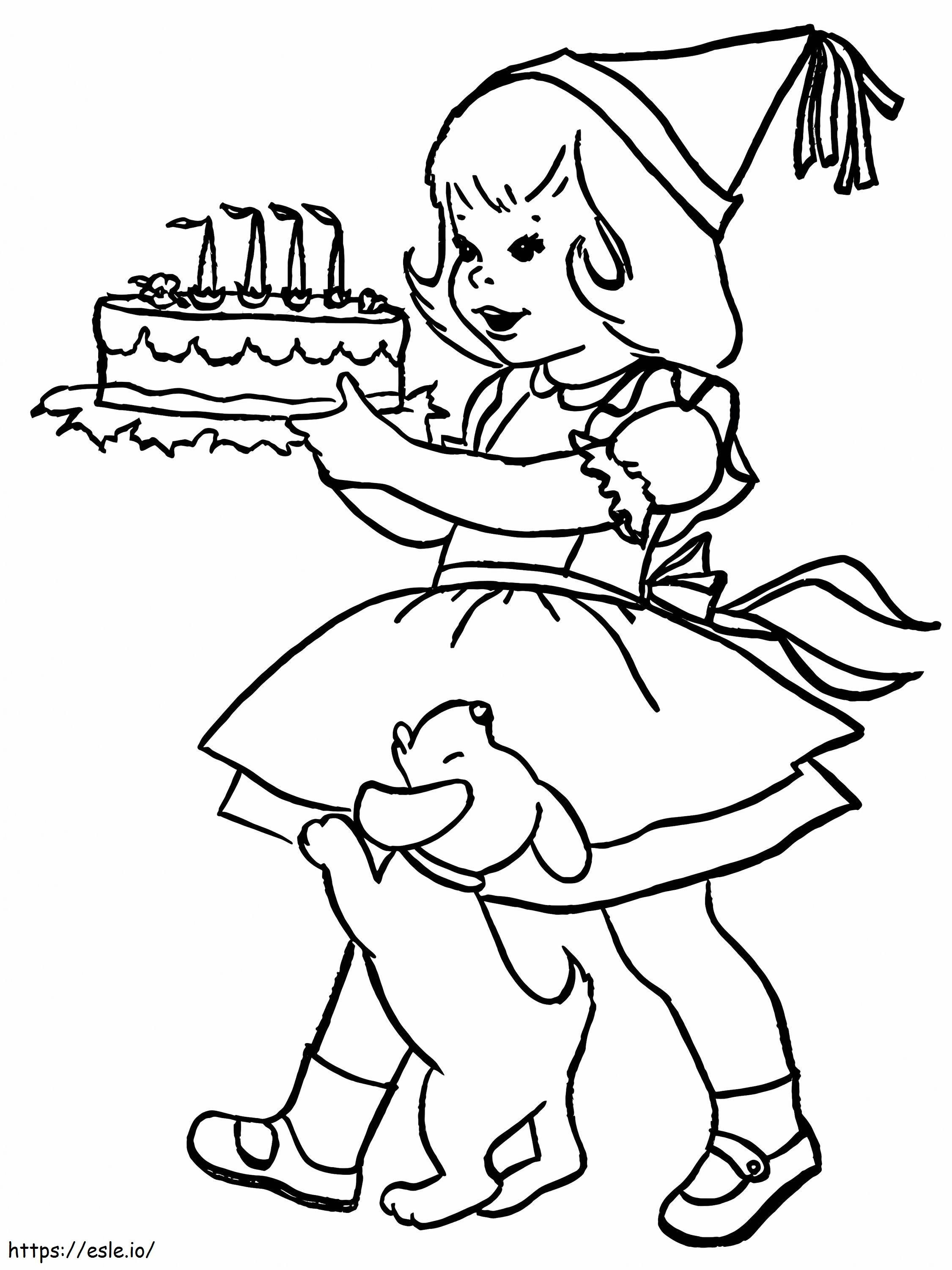 Menina e bolo de aniversário para colorir