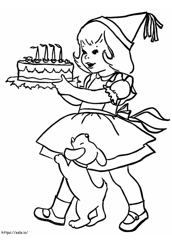 Menina e bolo de aniversário para colorir