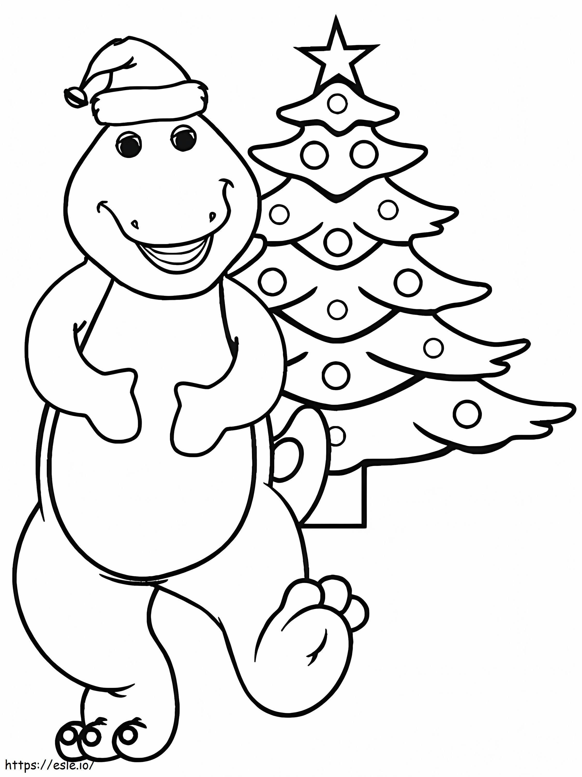 Dinossauro dos desenhos animados com árvore de Natal para colorir