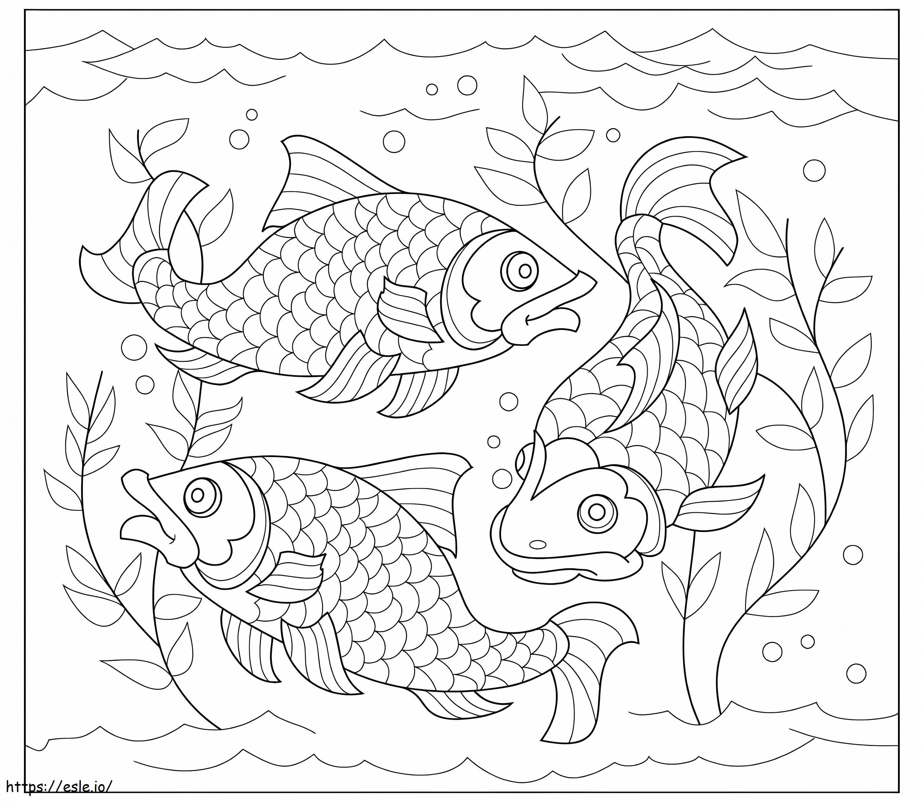 三匹の魚の曼荼羅 ぬりえ - 塗り絵