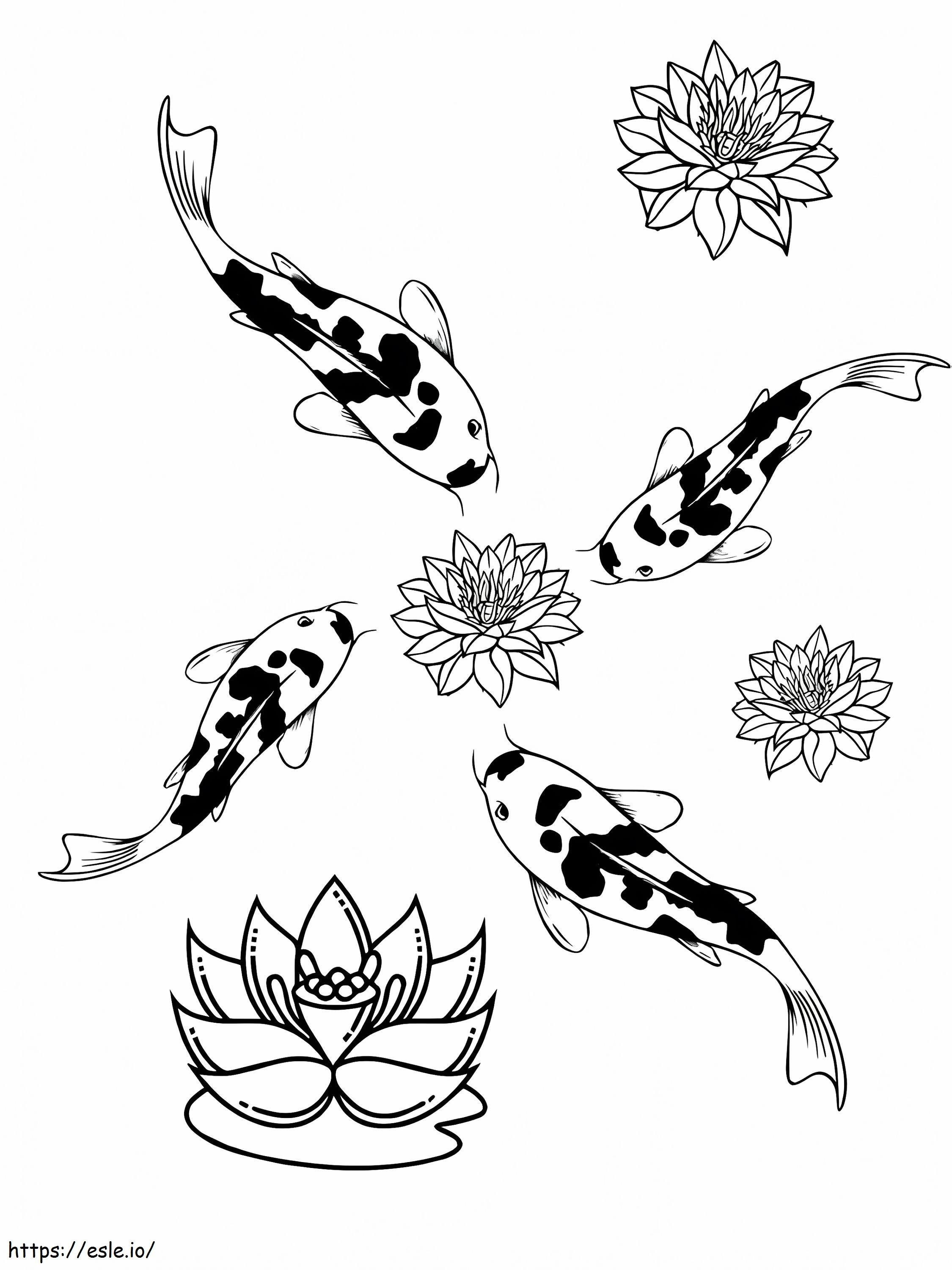 Quatro carpas Koi e flor de lótus para colorir