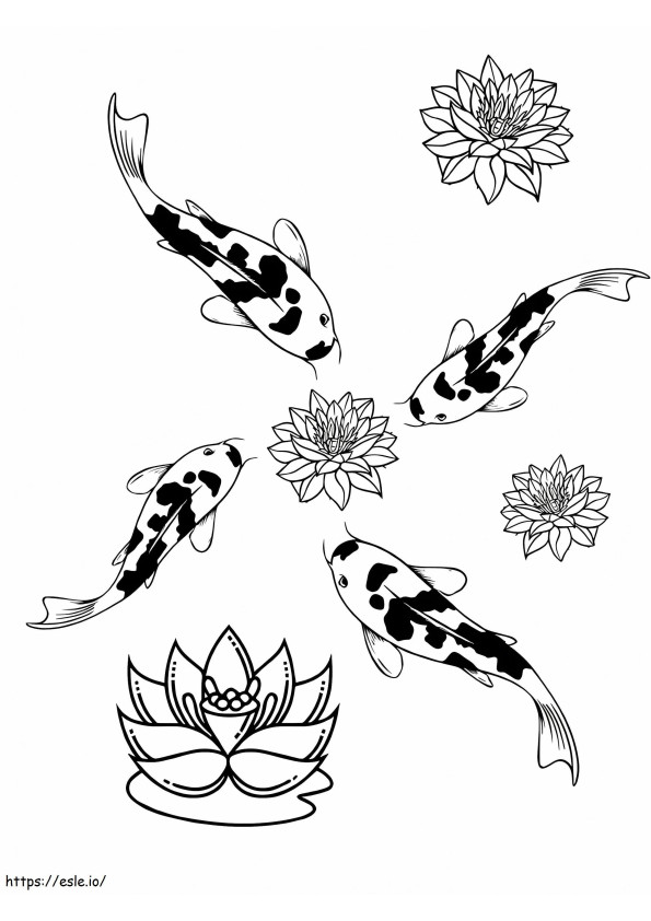 Quatro carpas Koi e flor de lótus para colorir