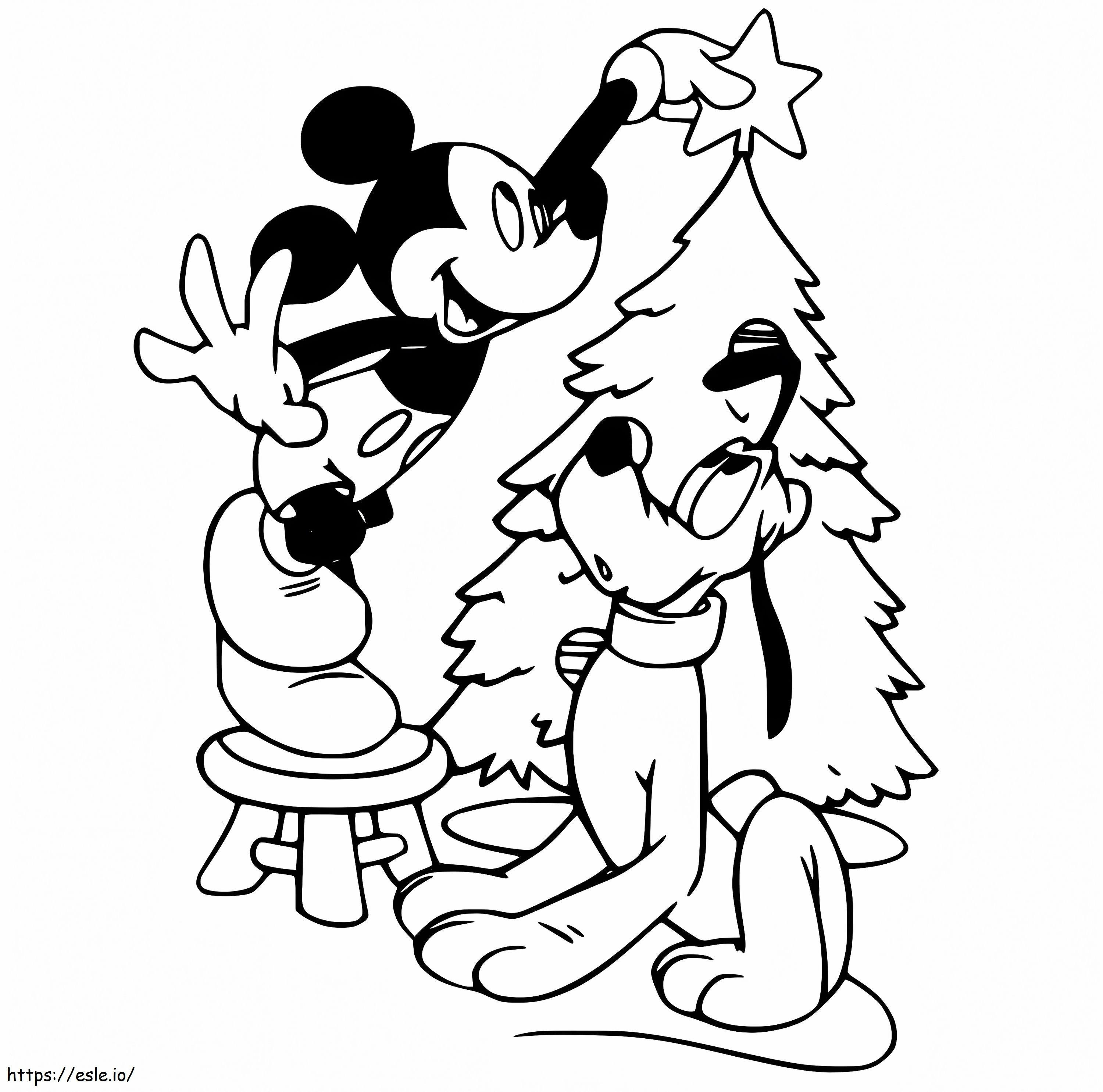 Mickey decorando el árbol de Navidad para colorear