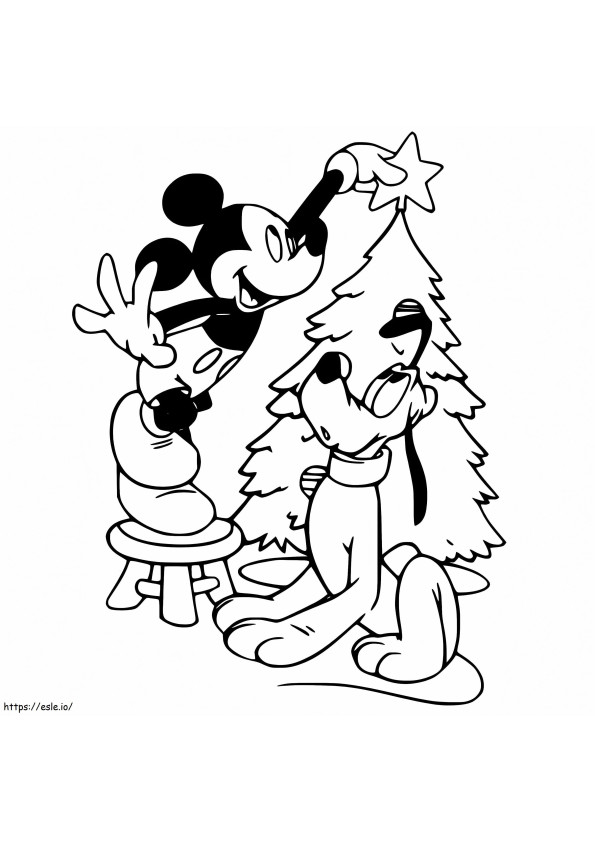 Mickey decorando el árbol de Navidad para colorear