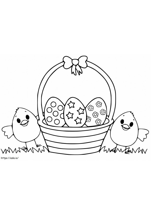 Coloriage Poussin de Pâques avec panier de Pâques à imprimer dessin