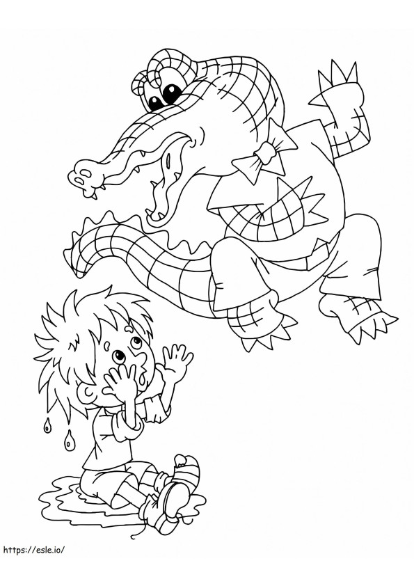 Sarjakuva krokotiili ja poika värityskuva