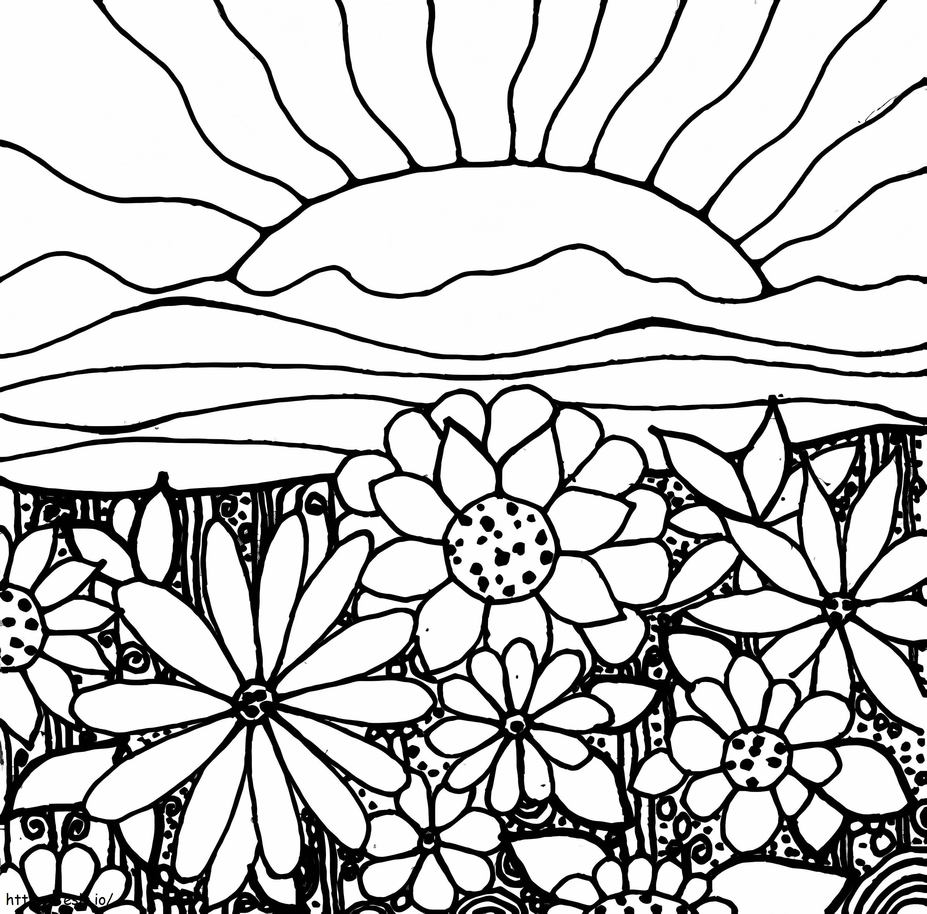 Coloriage Fleurs et coucher de soleil à imprimer dessin