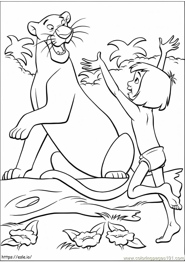Mowgli con Bagheera para colorear