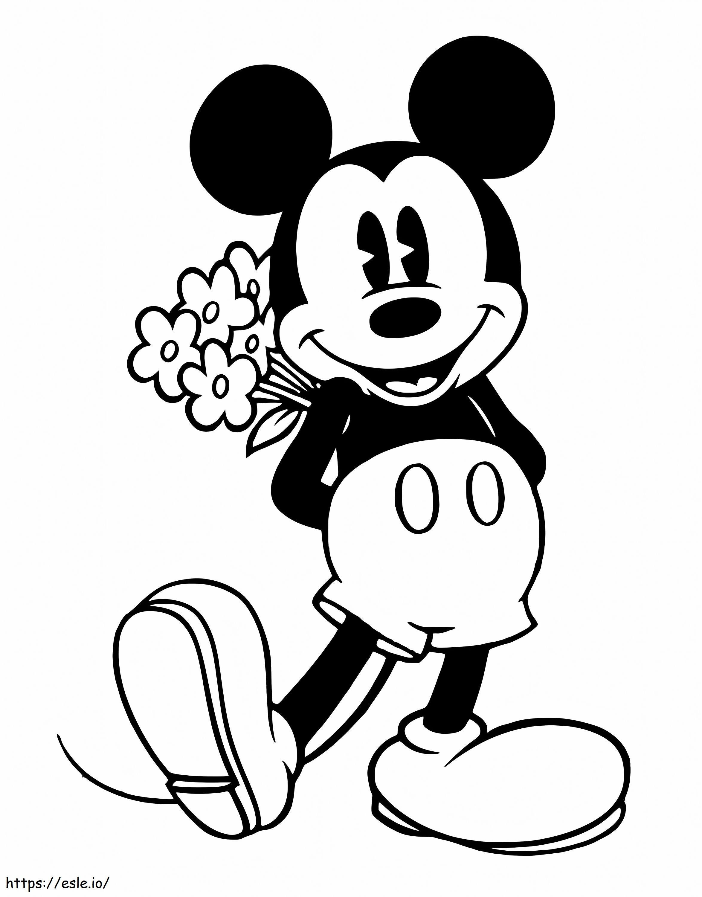 Mickey feliz segurando um buquê para colorir