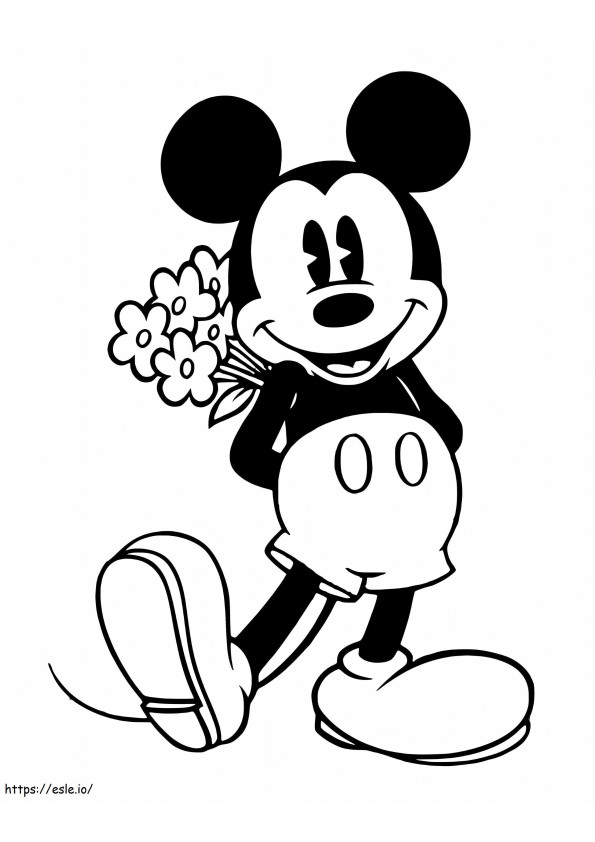 Mickey feliz segurando um buquê para colorir