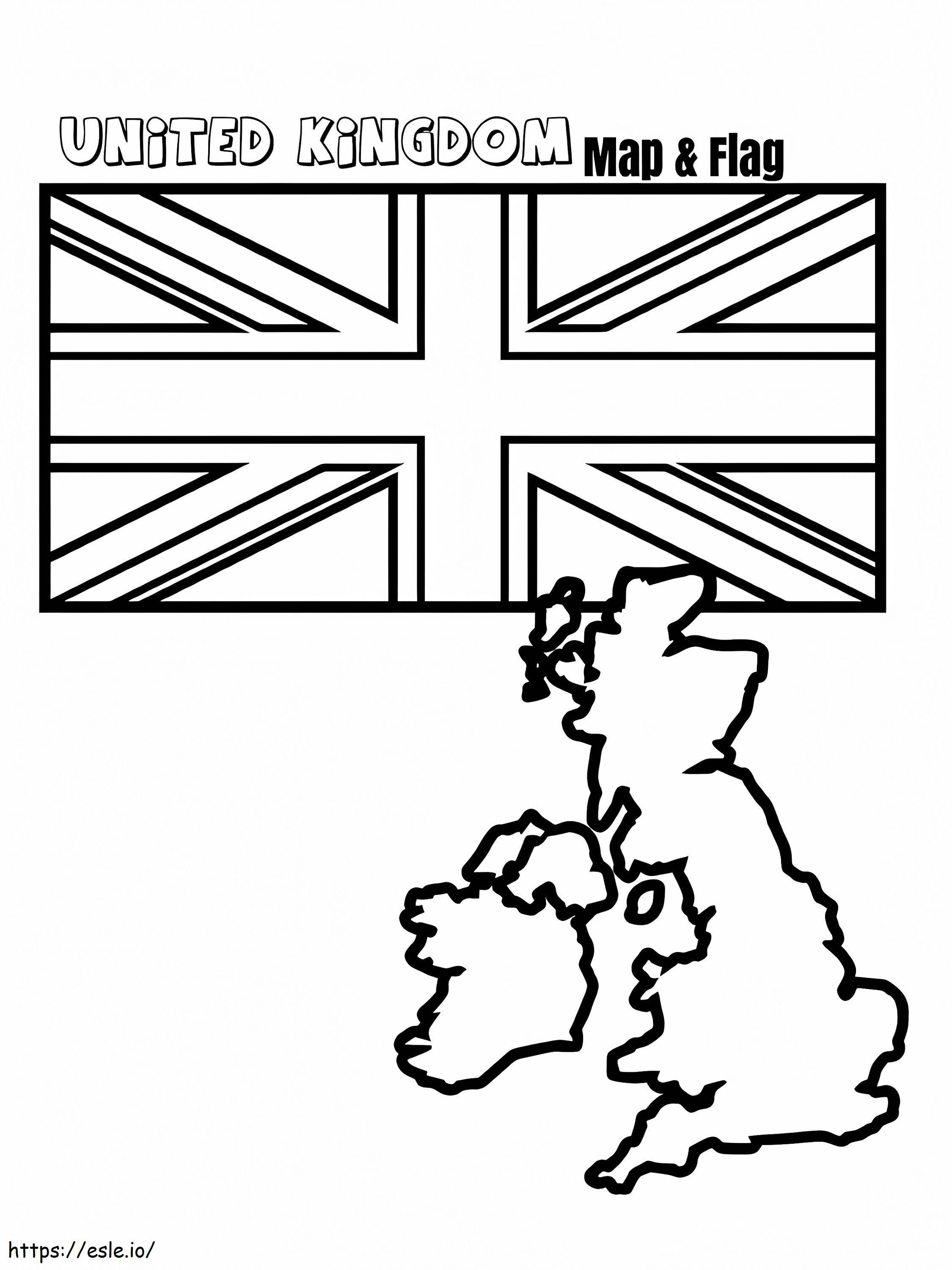 Yhdistyneen kuningaskunnan lippu ja kartta värityskuva