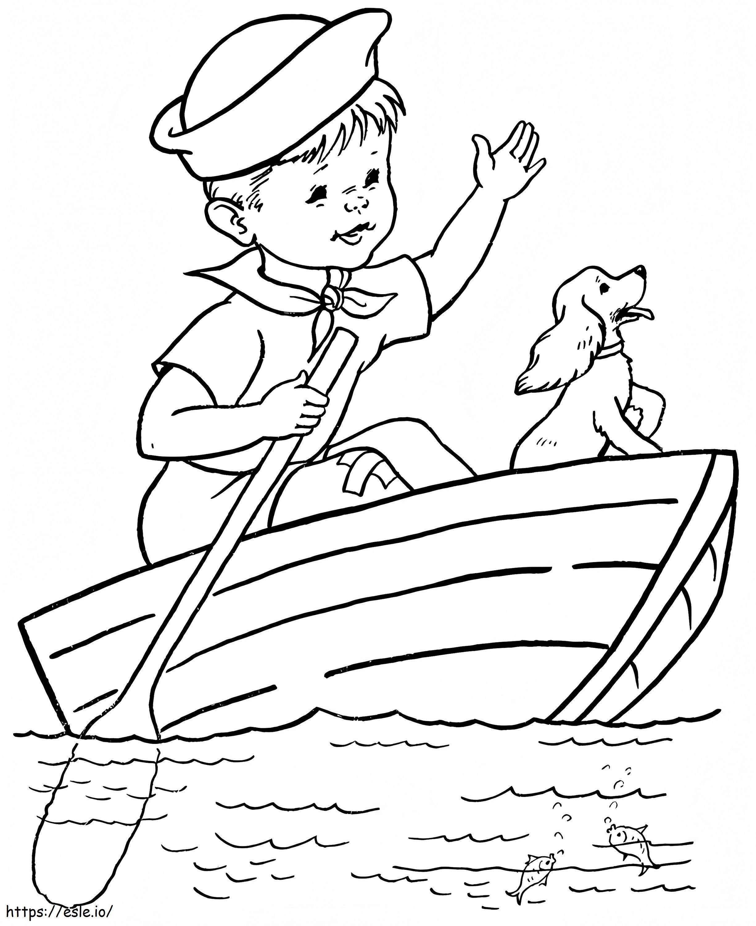  手漕ぎボートの少年犬 A4 ぬりえ - 塗り絵
