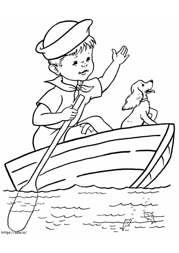 Boy Dog On Row Boat A4 coloring page