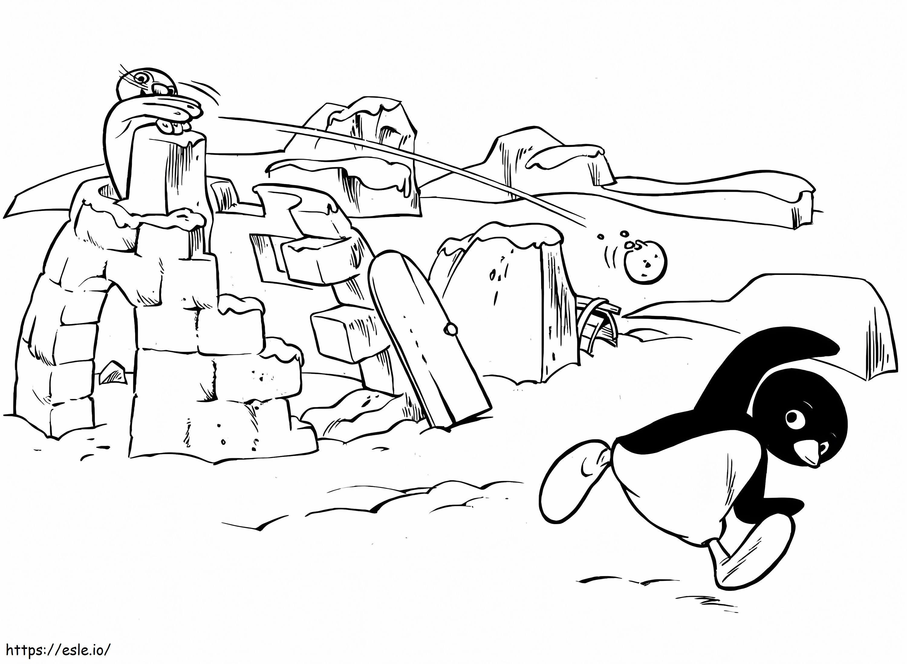 Coloriage Dos Pinguinos Avec Igloo à imprimer dessin