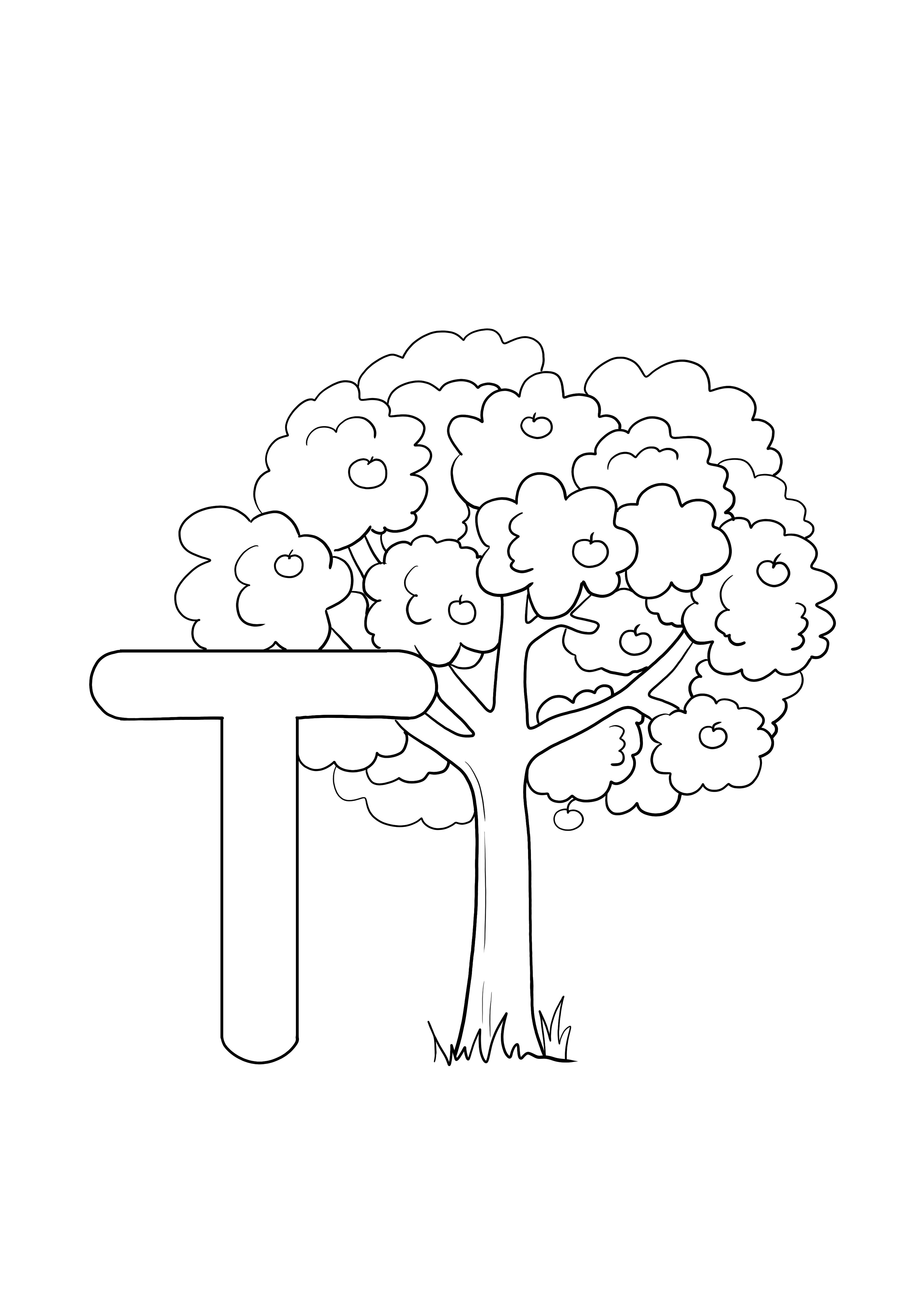T is voor boom om gratis te kleuren en af te drukken kleurplaat