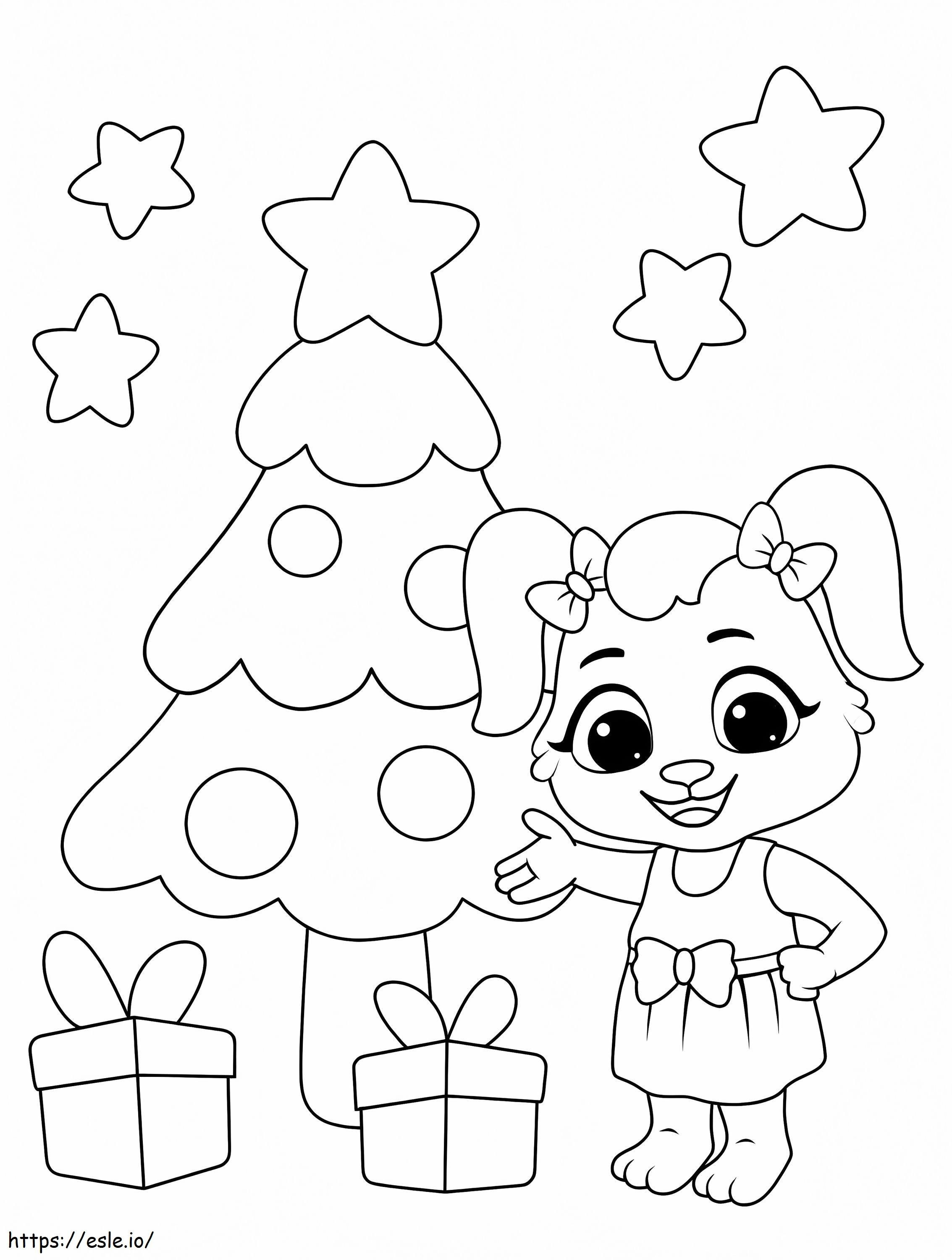 Árvore de Natal com caixas de presente e estrelas para colorir