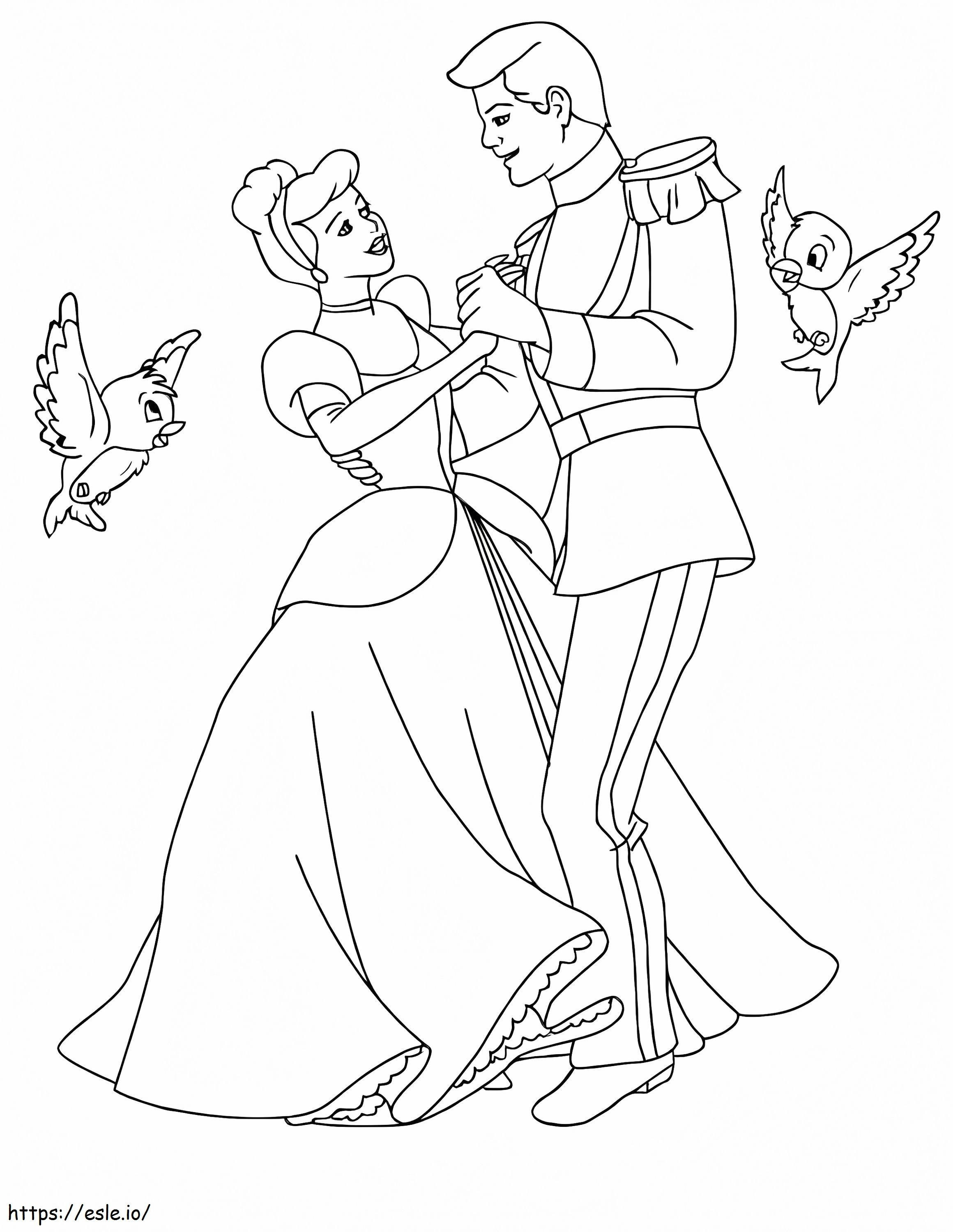 Cenușăreasa și prințul dansând cu două păsări de colorat