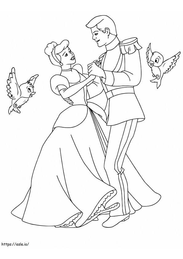 Tuhkimo ja prinssi tanssii kahden linnun kanssa värityskuva