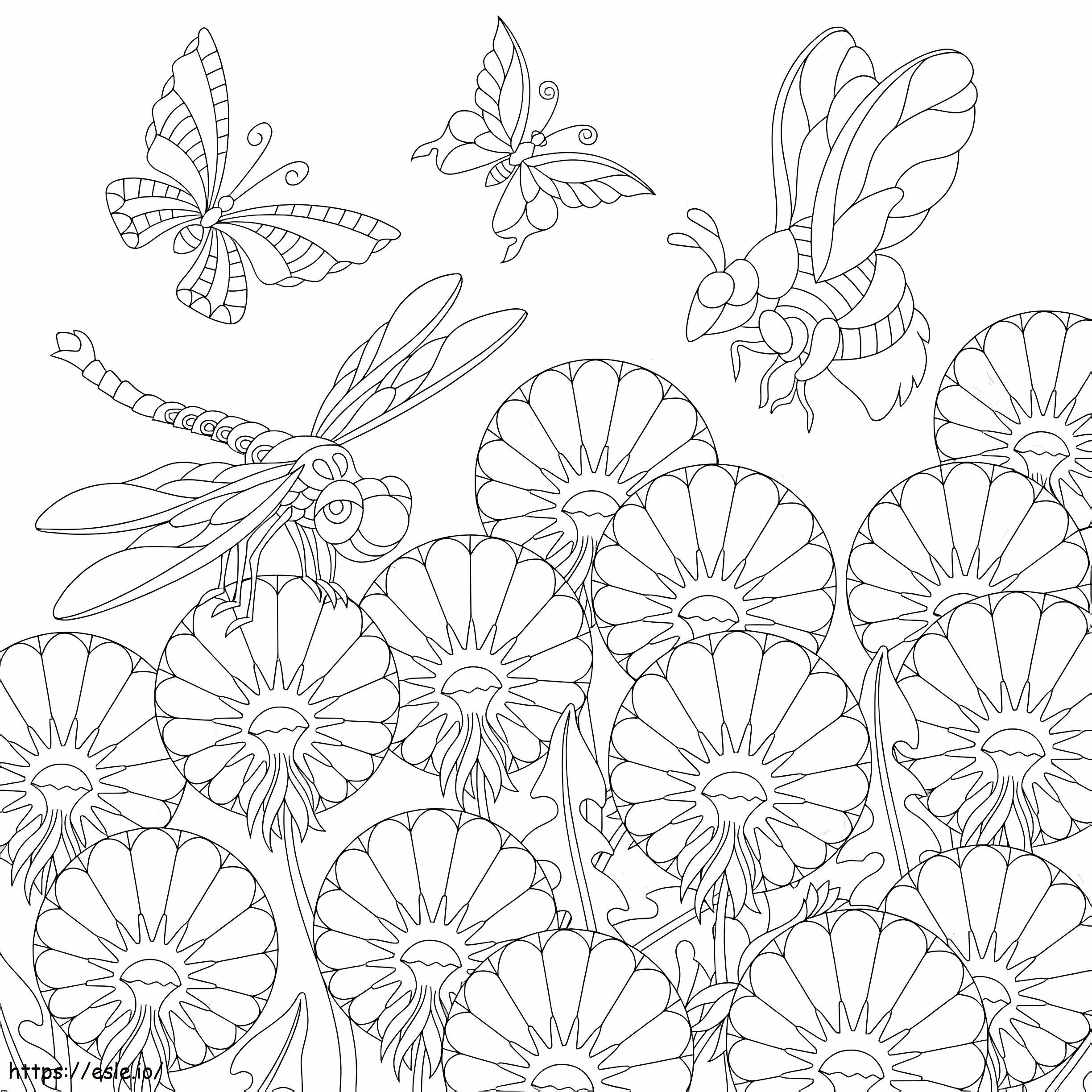 Coloriage Papillons d'abeilles et libellule avec des fleurs à imprimer dessin
