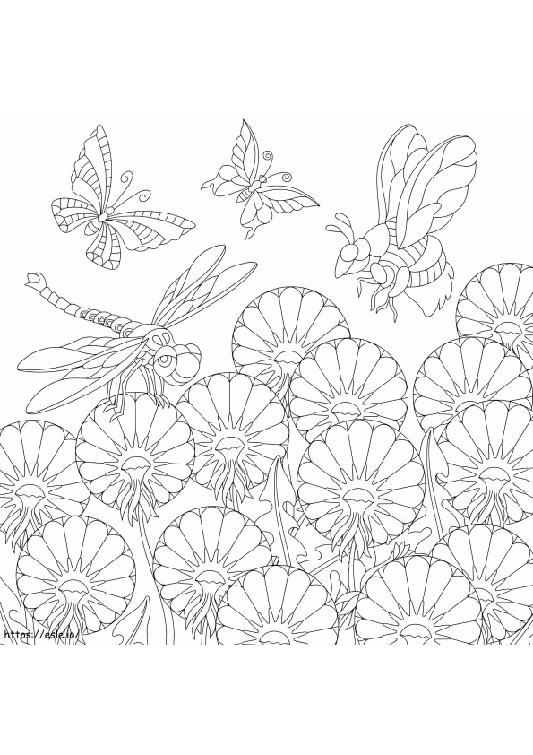 Kupu-kupu Lebah Dan Capung Dengan Bunga Gambar Mewarnai