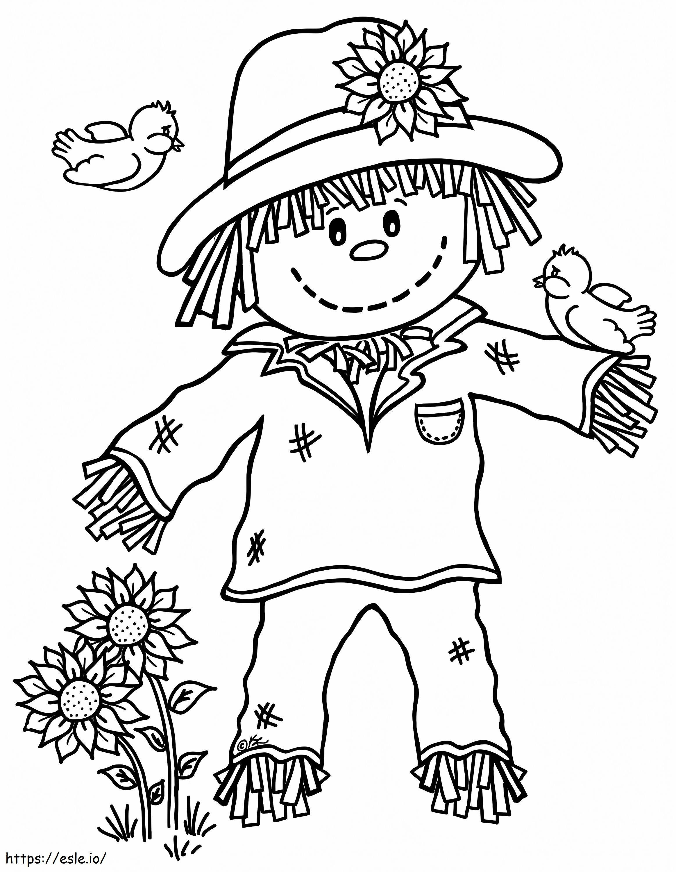 Smiling Scarecrow With Two Birds coloring page