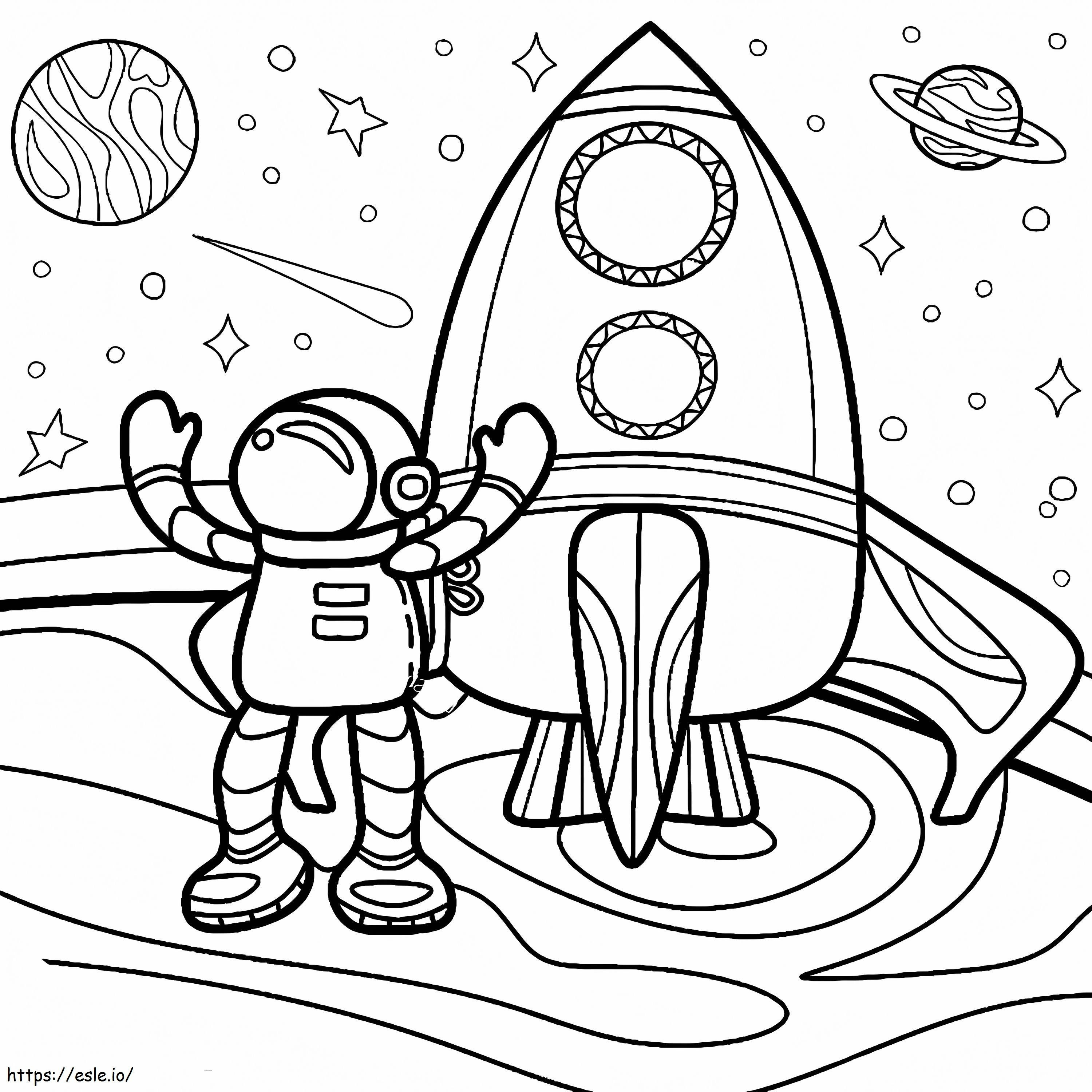 Astronot Kartun Dengan Roket Gambar Mewarnai