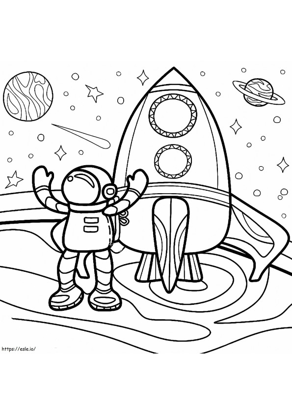 Astronauta de dibujos animados con cohete para colorear