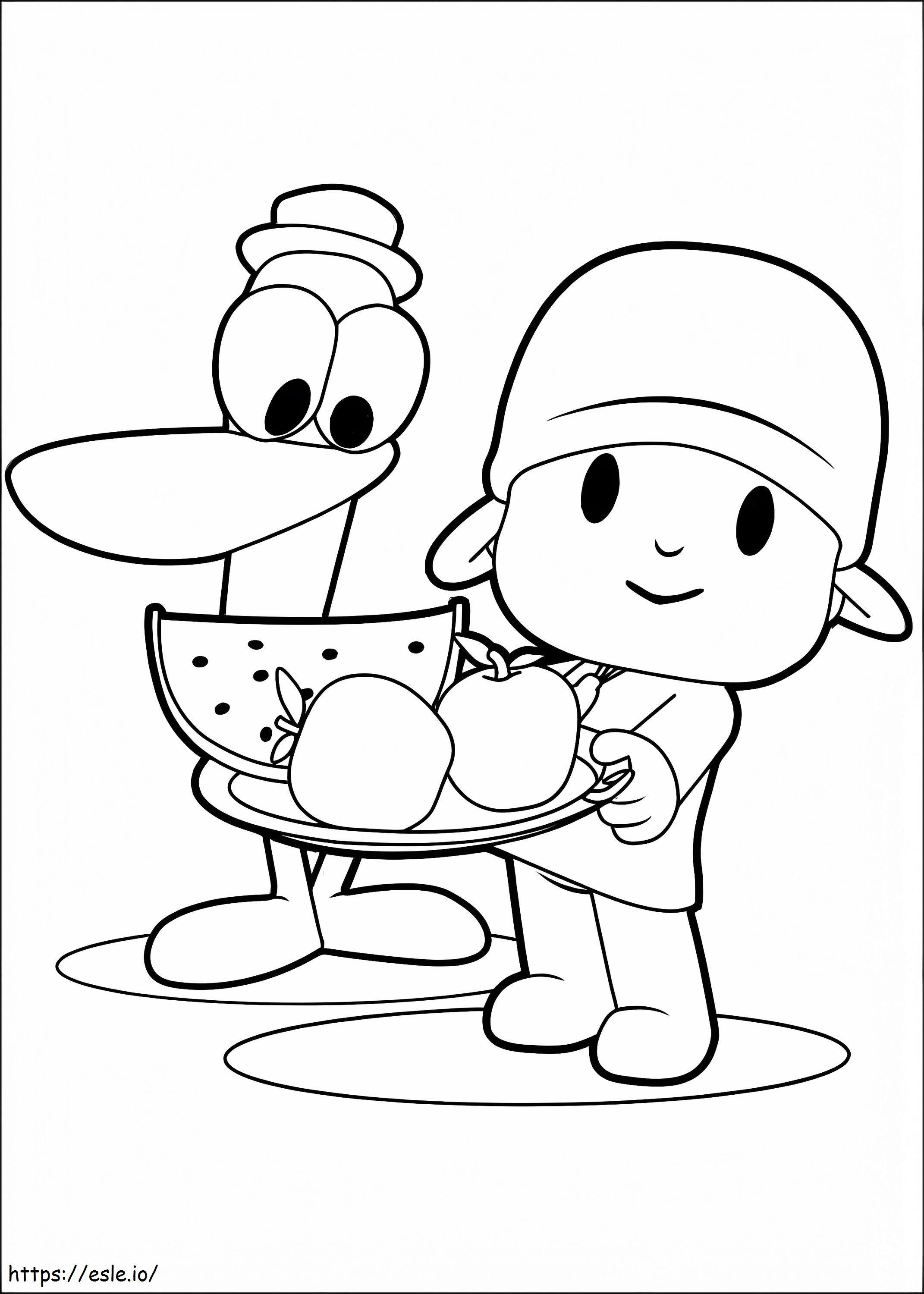 Pocoyó y Pato sujetando un cuenco de frutas para colorear
