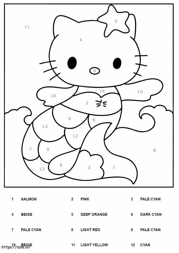 Coloriage Sirène Hello Kitty à colorier par numéro à imprimer dessin