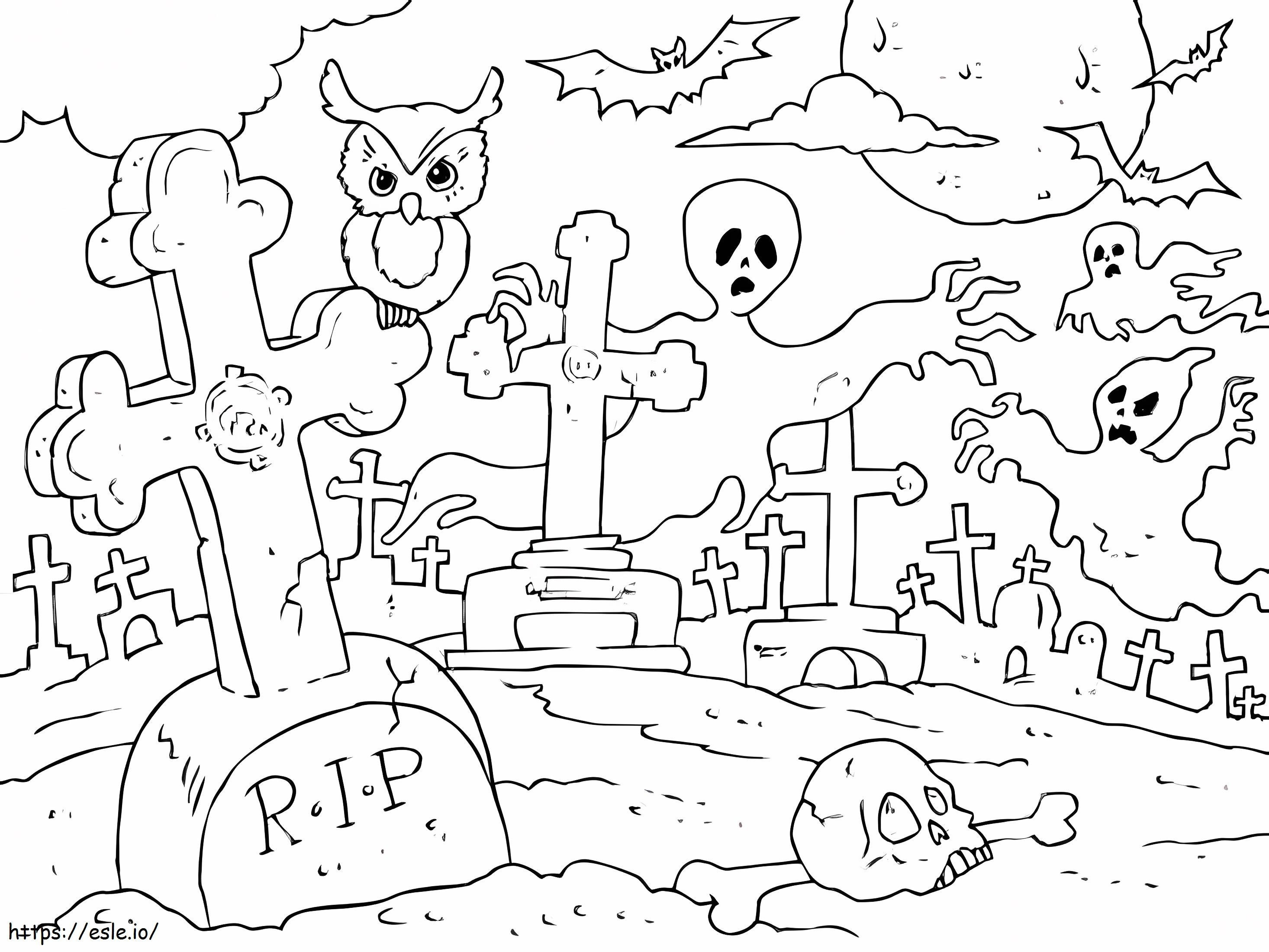 Bufniță și fantomă din cimitir de colorat