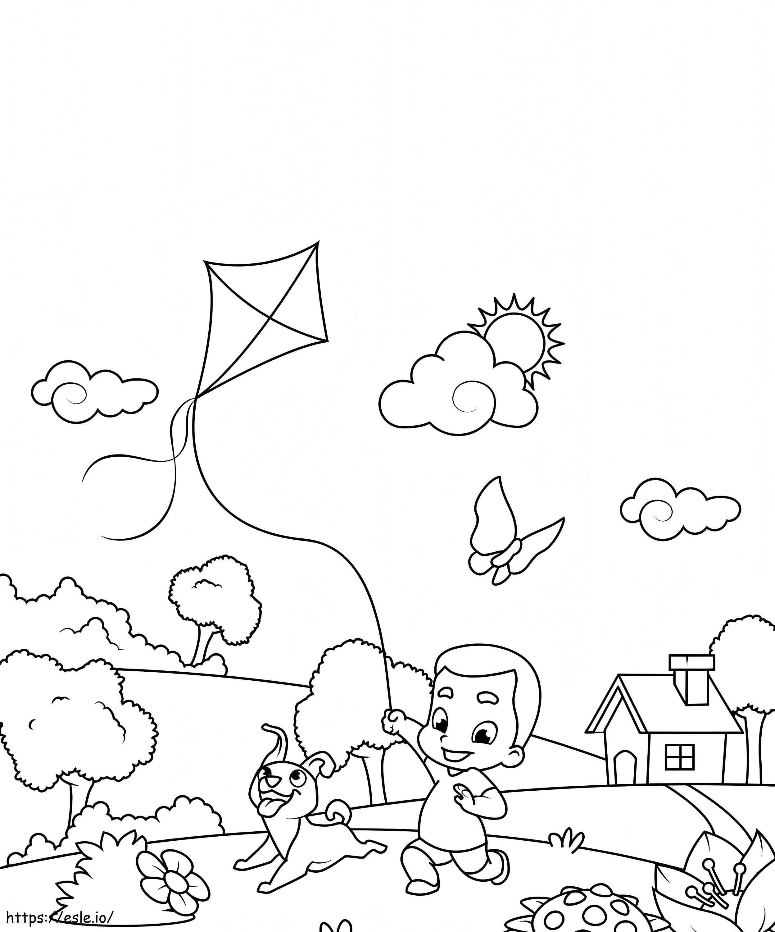 Boy Flying A Kite With Butterfly coloring page