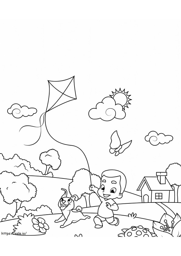 Boy Flying A Kite With Butterfly coloring page