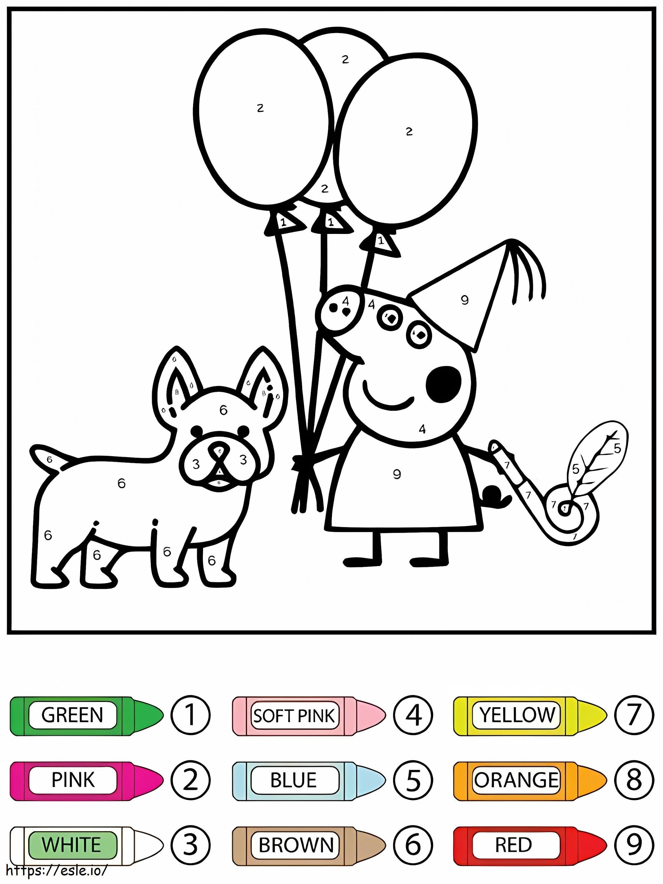 Köpek yavrusu ve Peppa domuz renk numarasına göre balon tutan boyama