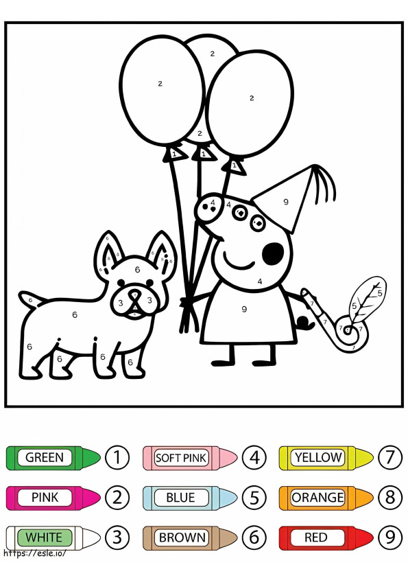 Filhote de cachorro e Peppa Pig segurando balões coloridos por número para colorir