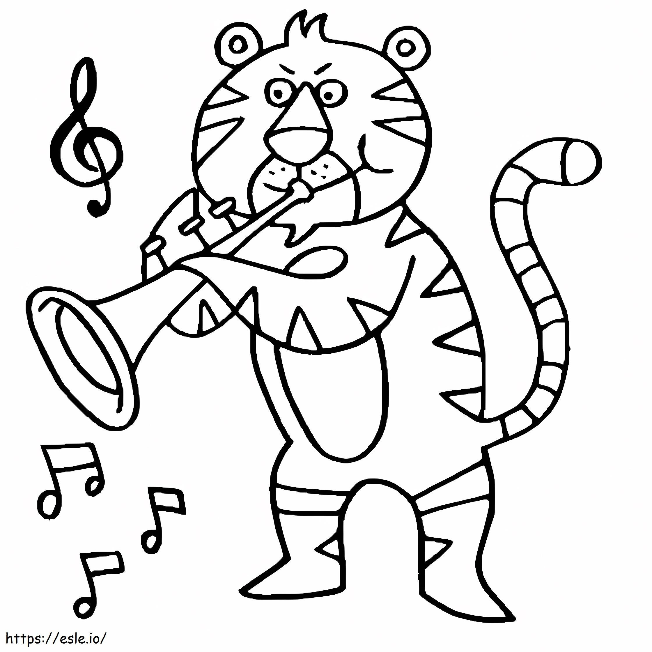 Desen cu tigru care cântă la trompetă de colorat
