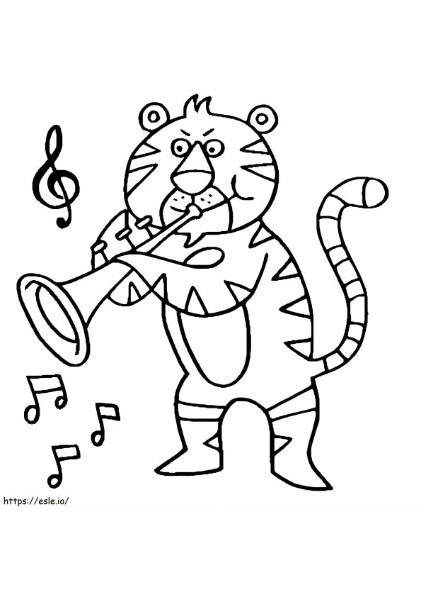 Desenho de tigre tocando trompete para colorir