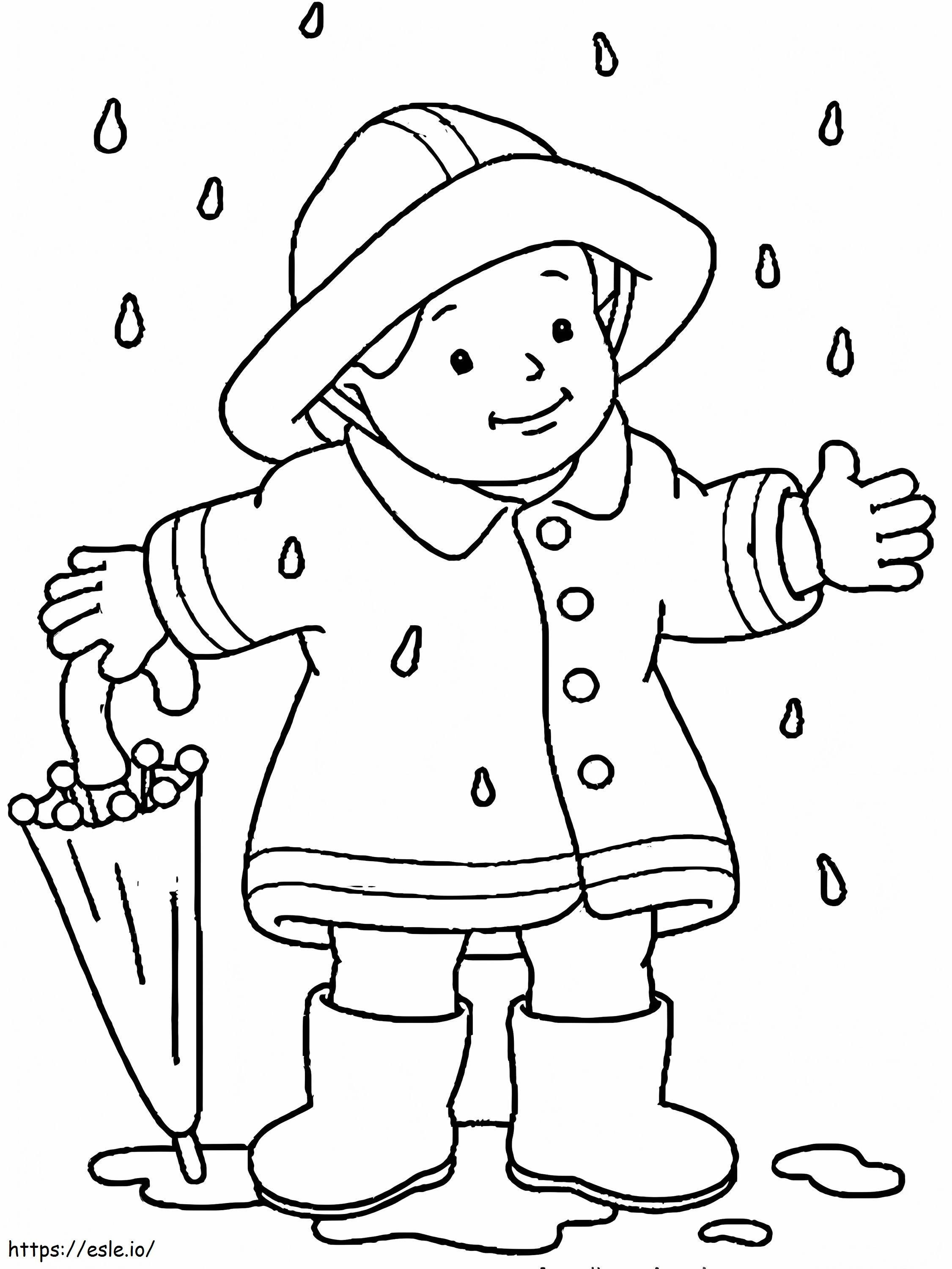 Poika pitelee sateenvarjoa seisomassa sateessa syksyllä värityskuva