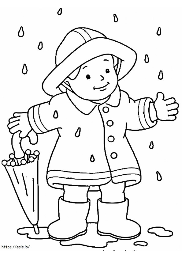 Coloriage Garçon tenant un parapluie debout sous la pluie en automne à imprimer dessin